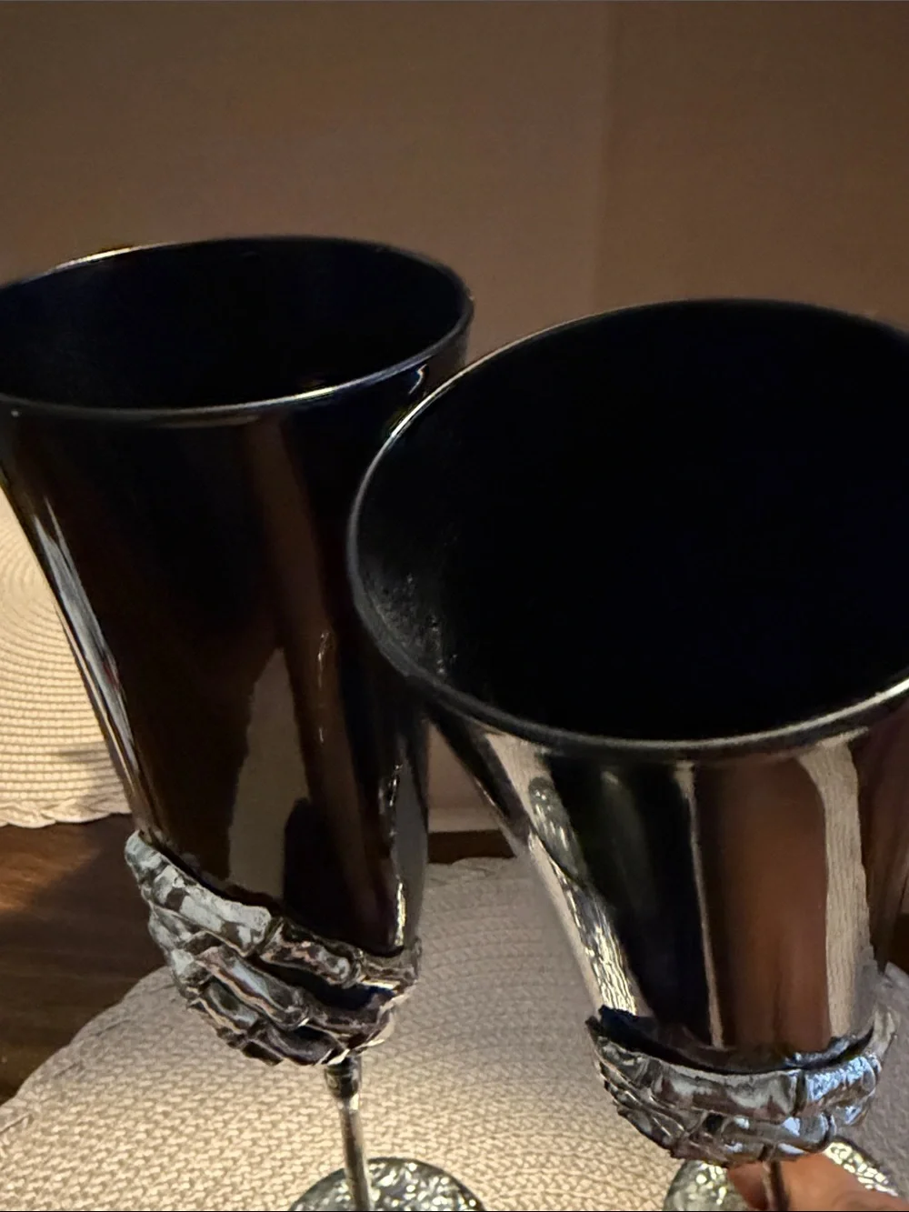Black Wine Glassware Silver Metal Skeleton Hands Halloween Gothic HTF